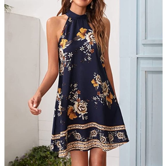Navy Blue Floral Printed Chiffon A-Line Halter Sleeveless Mini Shift Dress - Picture 2 of 7